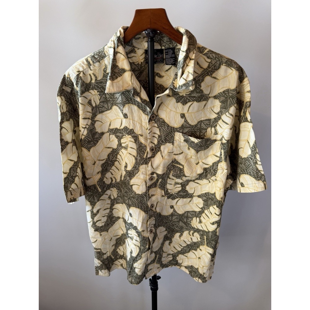 OP Ocean Pacific Dress Shirt Mens Large Hawaiian Green Floral Short Sleeve VTG